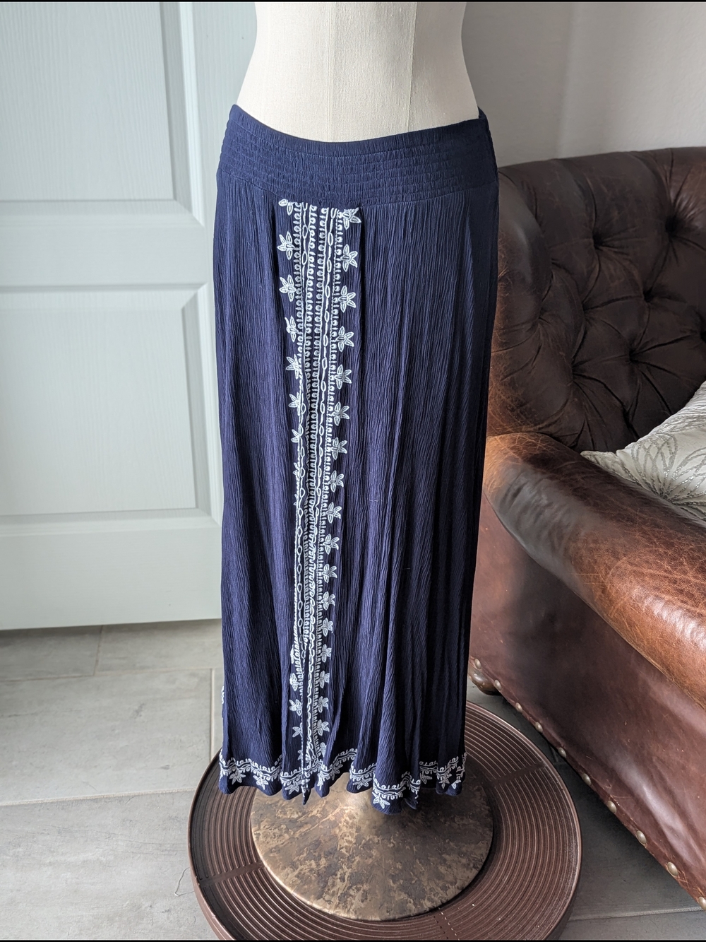 Navy Blue Embroidered Maxi Skirt